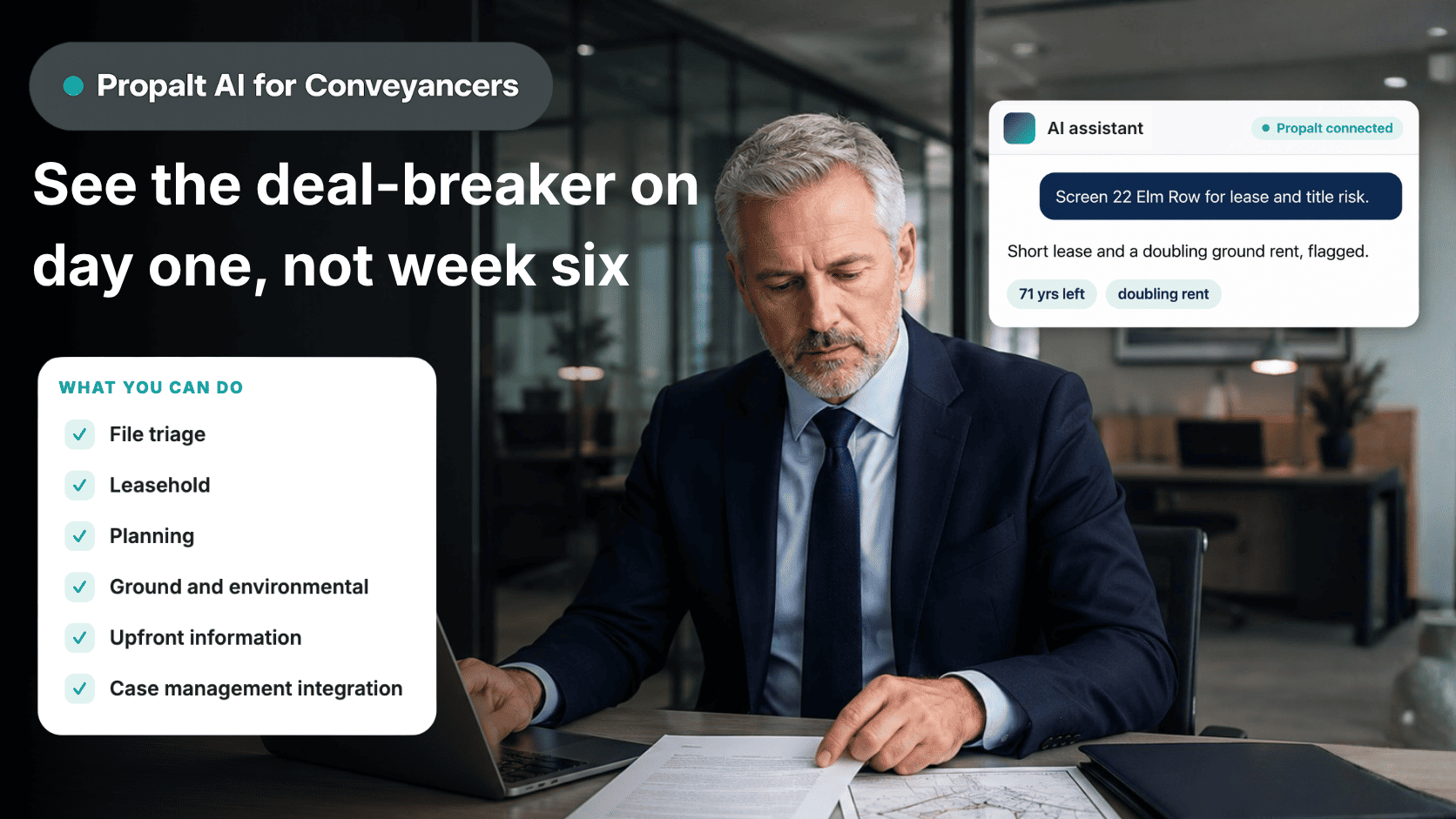 Screen a matter on day one and surface the lease or title blocker.